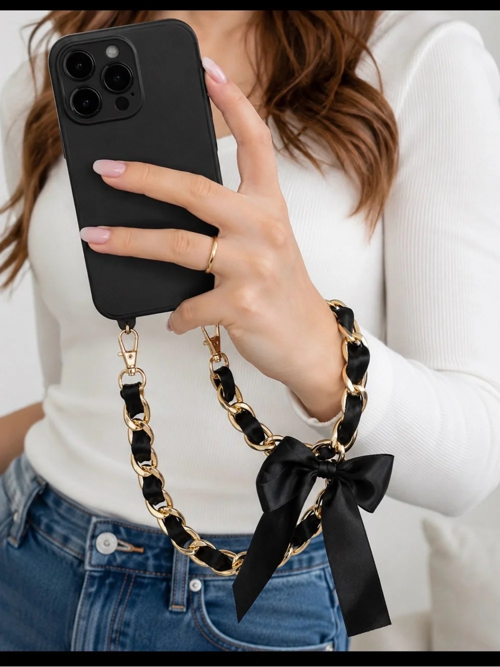Gold & Black Chain Bow Cell Phone Wristlet Strap Accessory New